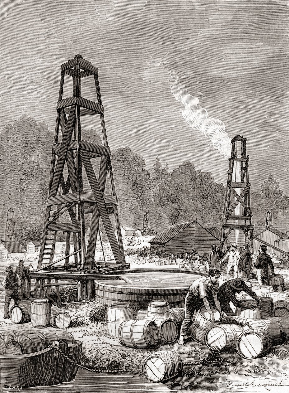 En petroleumkälla vid Oil Creek på Allegheny River, Pennsylvania, U.S.A. 1858, upptäckt av Edwin Laurentine Drake, alias överste Drake, från 