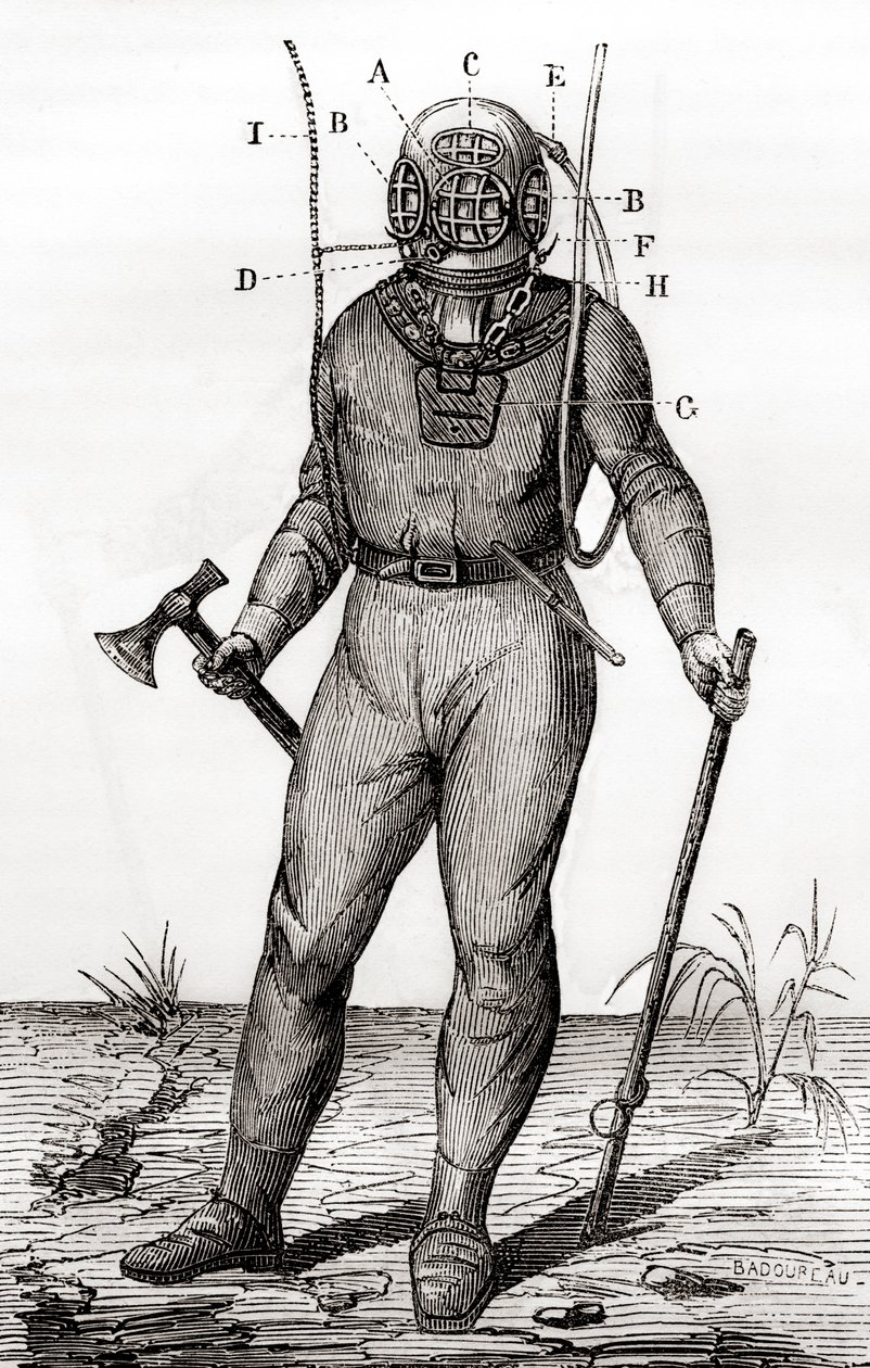 En standard dykardräkt patenterad av Joseph-Martin Cabirol 1855, från 