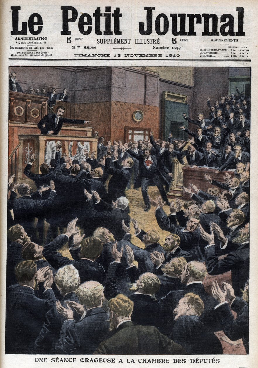 En stormig session i deputeradekammaren - premiärminister Aristide Briand anklagar socialisternas ledare, Jean Jaures, för brott mot lagen - illustration från "Le petit Journal", tillägg illustrerar av French School