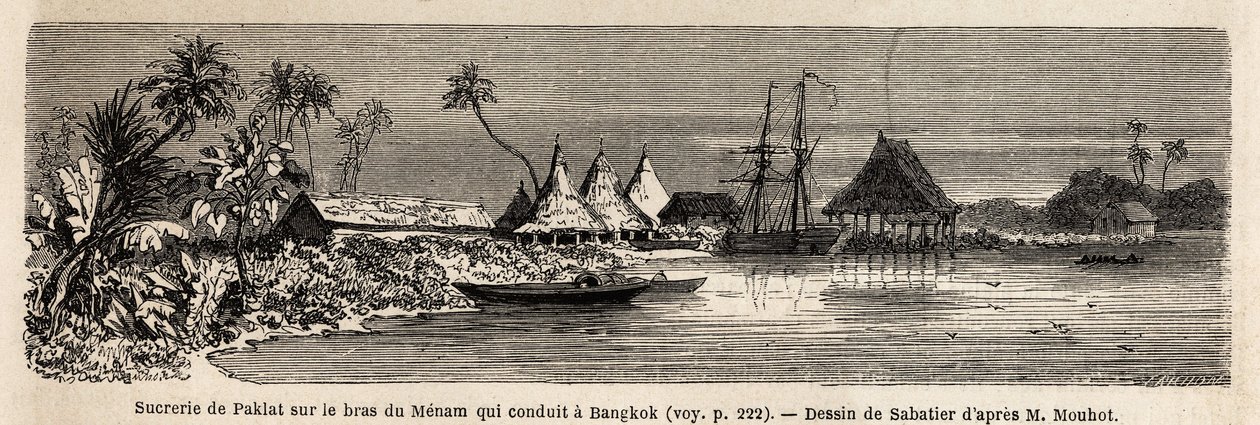 En sockerfabrik i Paklat, vid armen av Menam, Thailands huvudflod, ritad av Sabatier, för att illustrera Henri Mouhots resa till kungadömena Siam, Kambodja och Laos från 1858 till 1861. Gravyr i "" Le tour du monde" ”, redigerad av Edouard Charto av French School