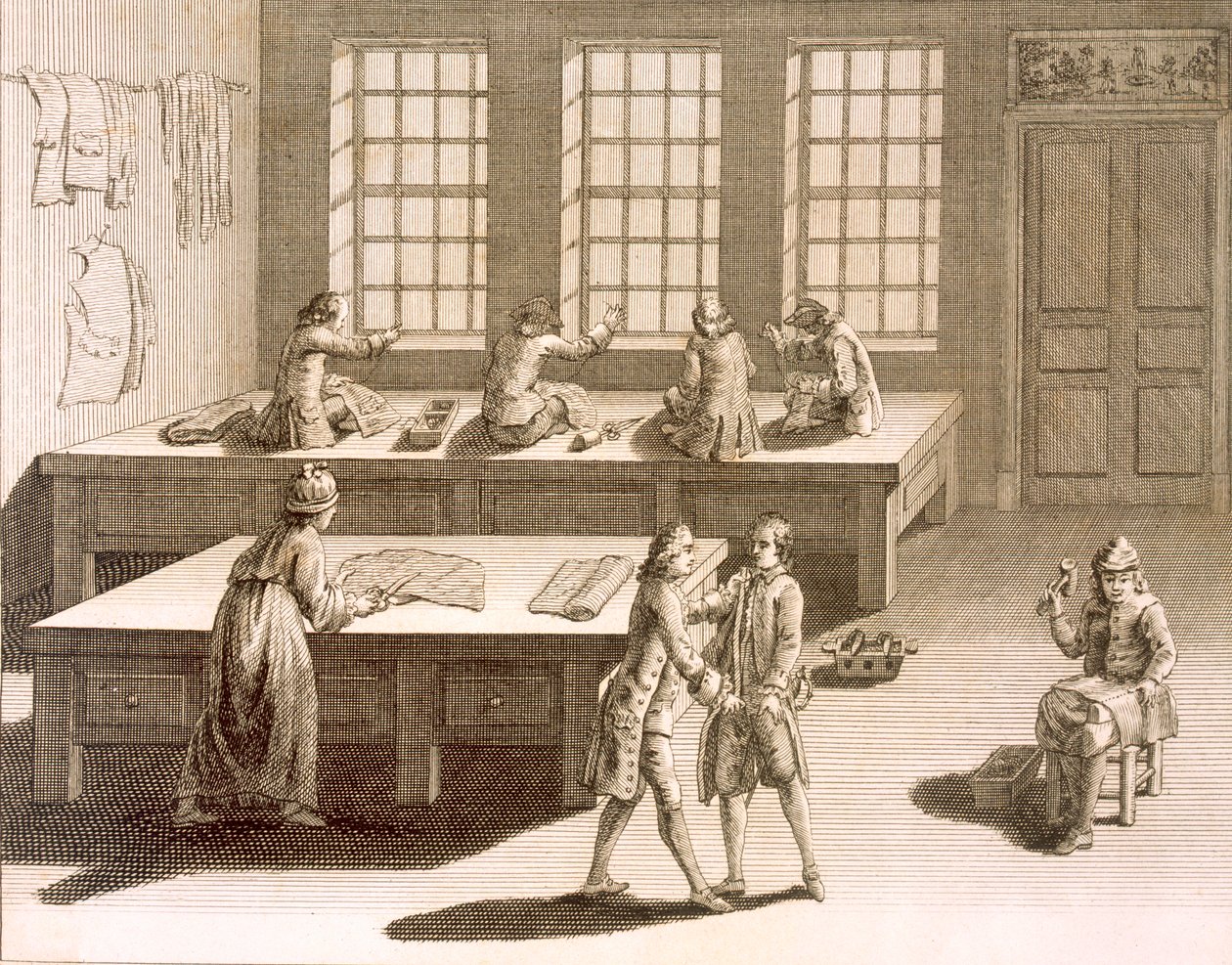 En skräddarverkstad från Encyclopedie des Sciences et Metiers av Denis Diderot (1713-84) publicerad ca 1770 av French School