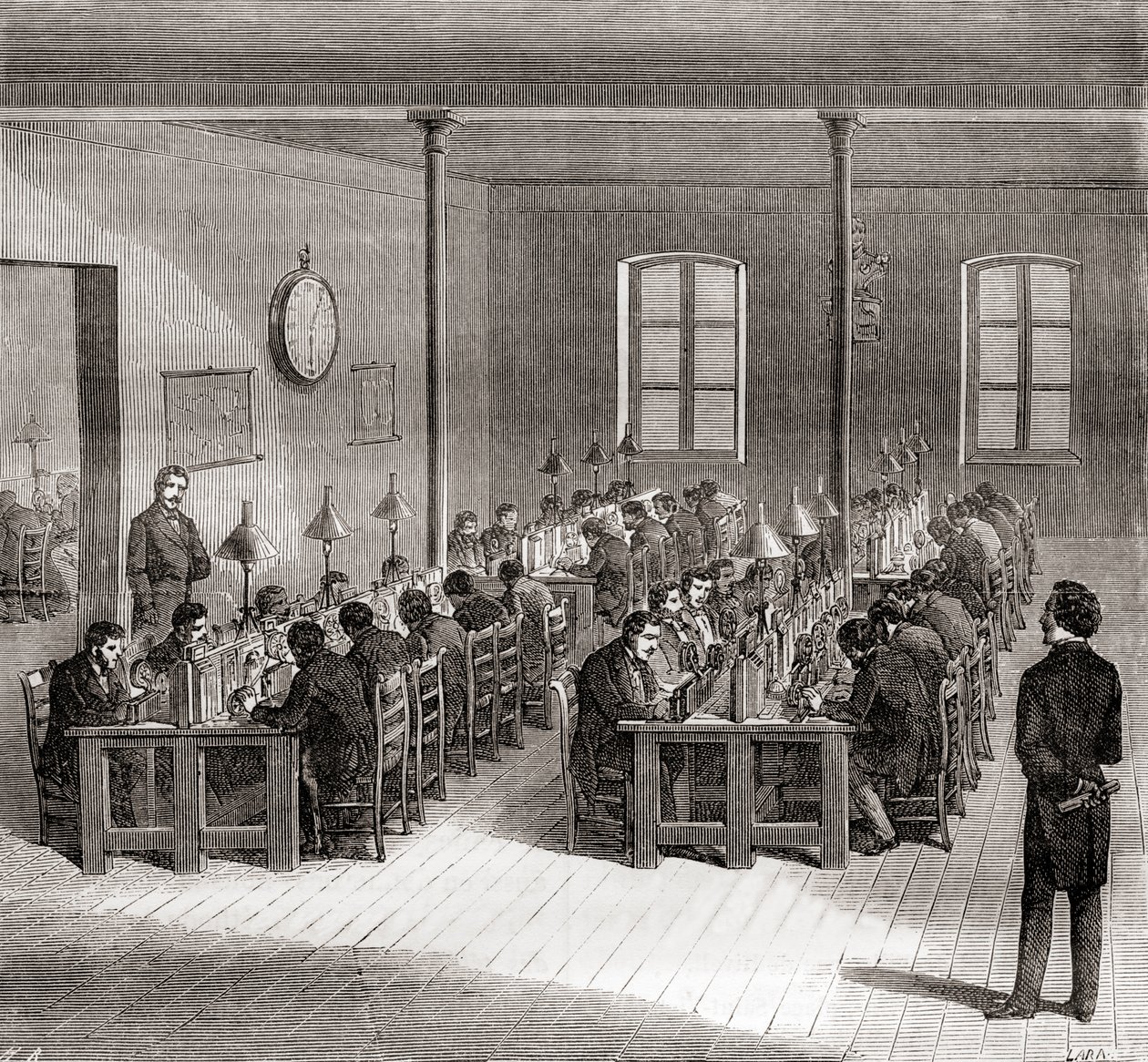 En telegrafstation i Paris, Frankrike c.1870, från Les Merveilles de la Science, publicerad c.1870 (engaving) av French School