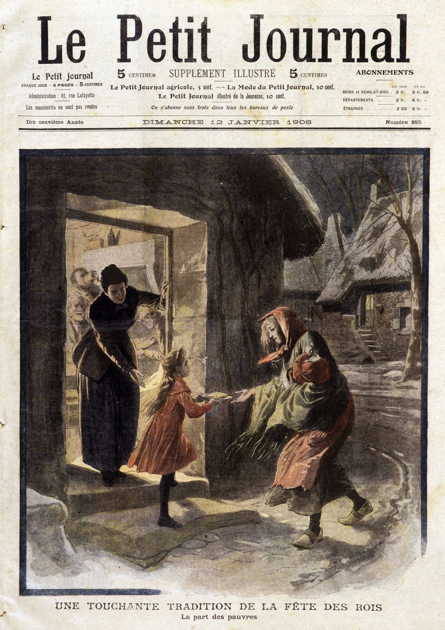 En rörande tradition av kungarnas högtid: de fattigas andel - i "Le Petit Journal" av 1908-01-12 (gravyr) av French School