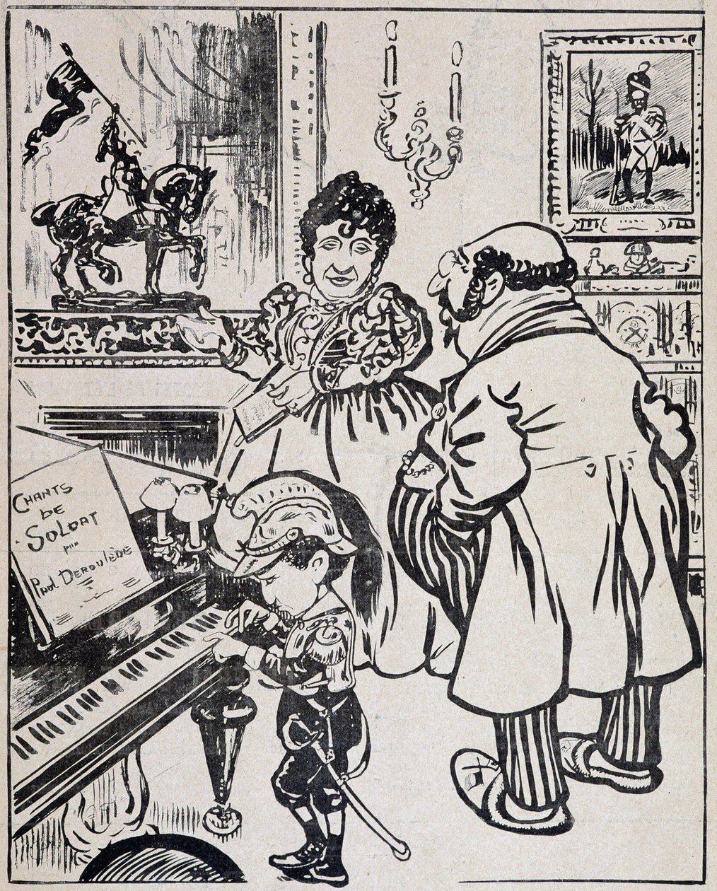 En begagnad brons, karikatyr med slagskepp, noter för Deroulede på piano och statyett av Jeanne d