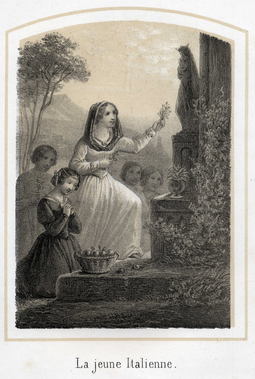 En mycket from ung italiensk kvinna hyllar Jungfru Maria genom att ge henne en olivkvist. Anonym gravyr från 1800-talet av French School