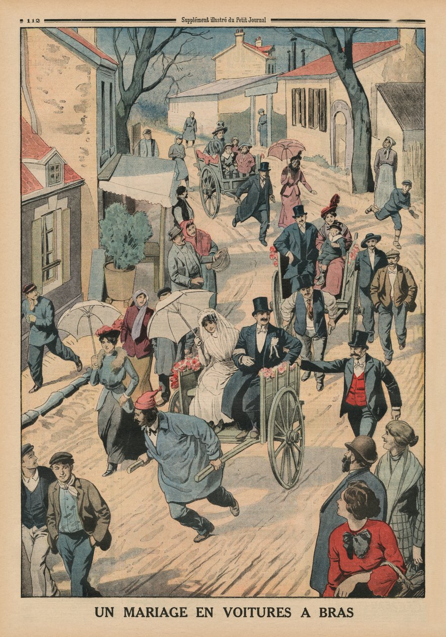 Ett bröllop på handkärror, illustration på baksidan från Le Petit Journal, bilaga illustre, 5 april 1914 av French School