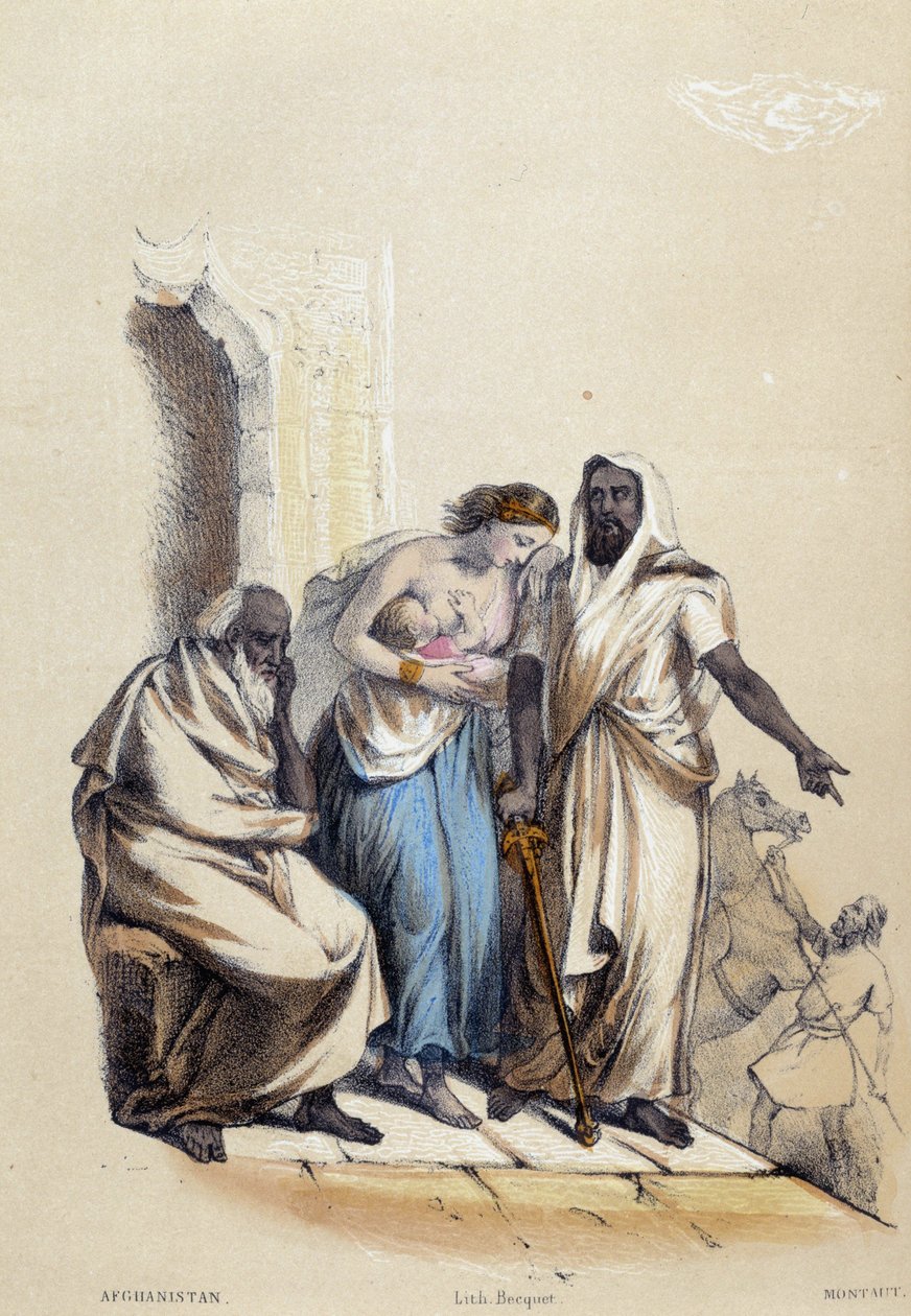 En vit kvinna som ammar sitt barn straffas i Afghanistan; illustration för Afghanistan, -i "De tolv nationerna" av M.E. Fouine av French School
