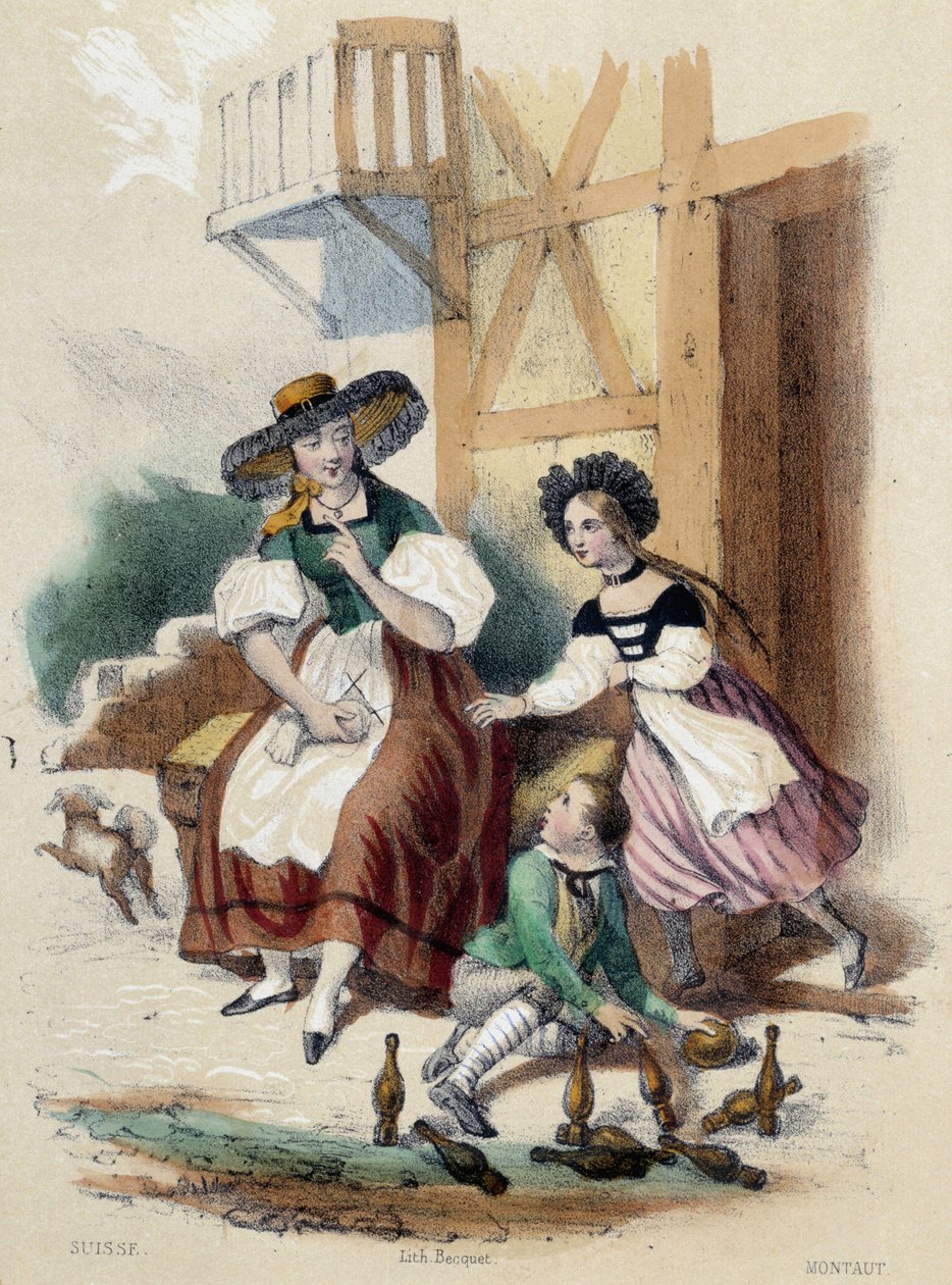 En kvinna och 2 barn som spelar bowling; illustration för Schweiz - i "Les twelve Nations"" av M.E Fouinet av French School