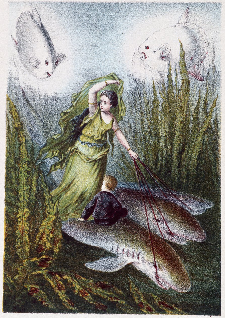 En kvinna och en pojke flyr från jättefiskar på hajar - i "Resan till havets botten" av H. de la Blanchère. Paris, red. Jouvet et Cie, sd. 1880. (dubbel 02944) av French School