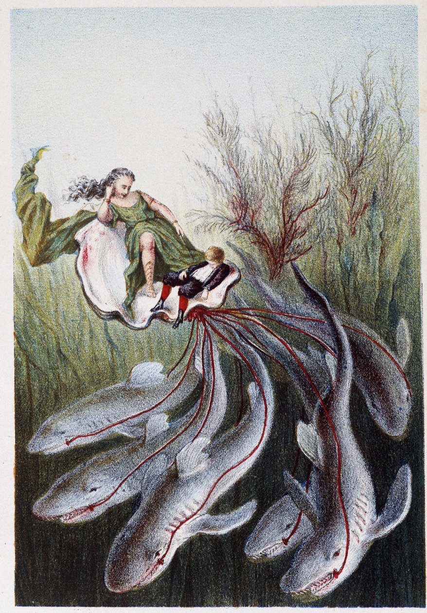 En kvinna och en pojke på en tank som leds av hajar - i "Resan till havets botten" av H. de la Blanchère. Paris, red. Jouvet et Cie, sd. 1880. (dubbel 02946) av French School