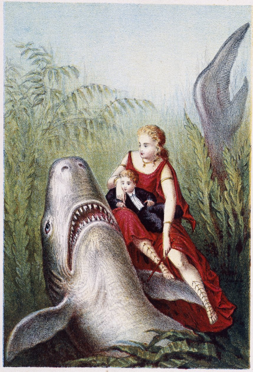 En kvinna och en pojke som rider på en haj - i "" Resan till havets botten"" av H. de la Blanchère. Paris, red. Jouvet et Cie, sd. 1880. av French School