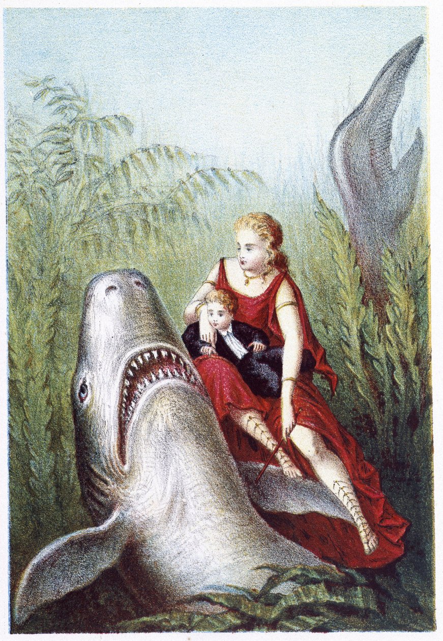 En kvinna och en pojke som rider på en haj - i "" Resan till havets botten"" av H. de la Blanchère. Paris, red. Jouvet et Cie, sd. 1880. (dubbel 02943) av French School