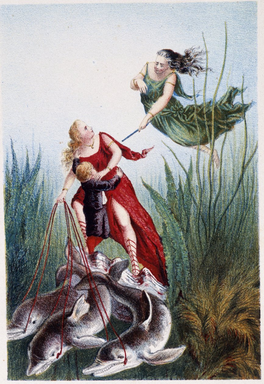 En kvinna attackerar en annan kvinna och en pojke ledda av delfiner - i "" Resan till havets botten"" av H. de la Blanchère. Paris, red. Jouvet et Cie, sd. 1880. (dubbel 02947 och 02952) av French School