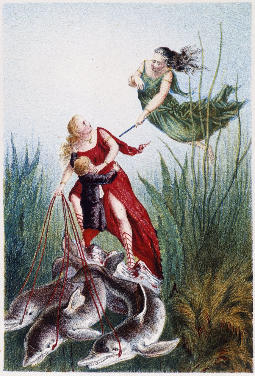 En kvinna som attackerar en annan kvinna och en pojke som leds av delfiner - i "Resan till havets botten" av H. de la Blanchère. Paris, ed. Jouvet et Cie, sd. 1880. (dubbel 02947) av French School