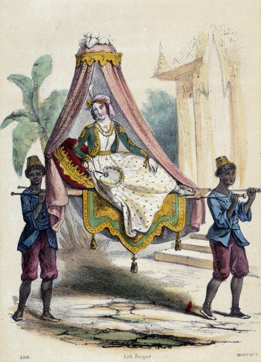 En kvinna buren i en palanquin av 2 tjänare; illustration för Asien, -i "De tolv nationerna"" av M.E Fouinet av French School