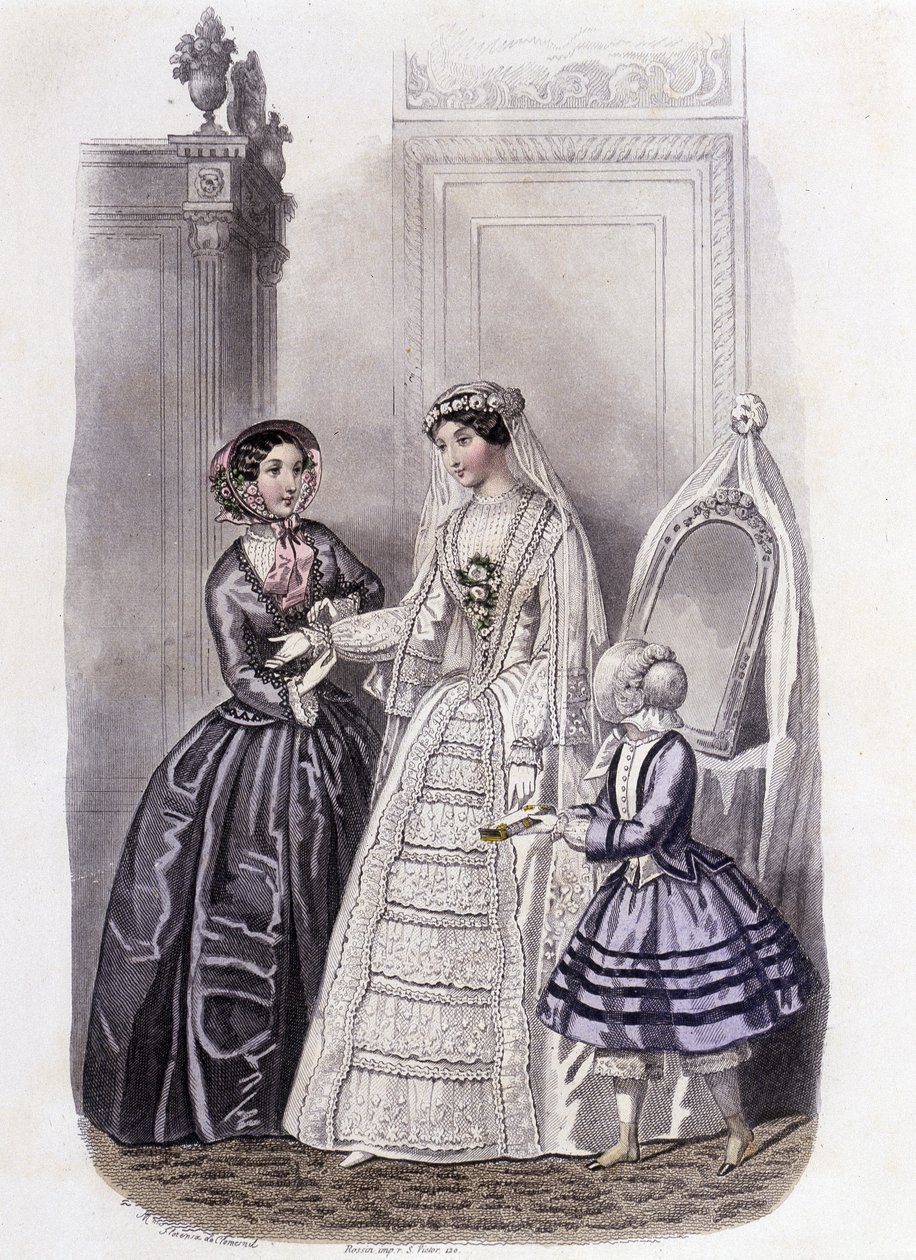 En kvinna i en bröllopsklänning omgiven av en flicka och en dam - i "Journal des Demoiselles"" 1852. av French School