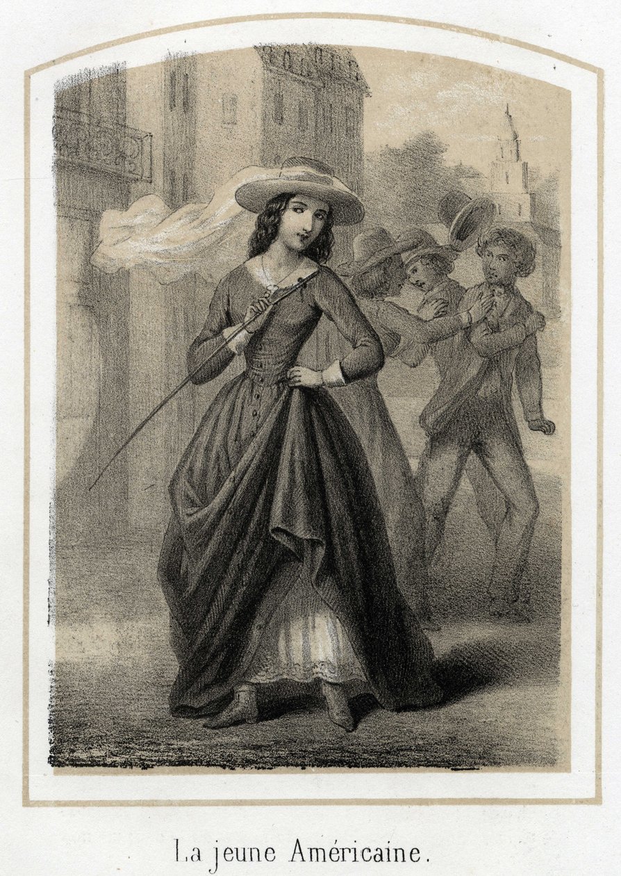 En ung amerikansk kvinna orsakar slagsmål mellan sina pretendanter. Anonym gravyr från 1800-talet av French School