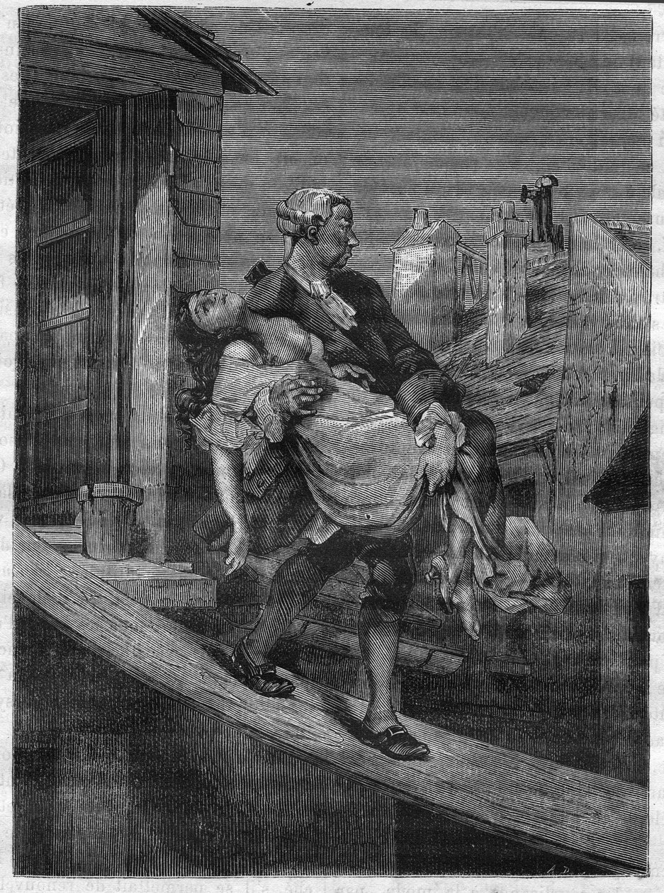En ung flicka förs bort för kung Ludvig XV:s nöjen i Deer Park. Gravyr i "Prostitutionens och utsvävningens historia bland alla världens folk från antiken till våra dagar" av Dr Th. -F. Debray. 1879. av French School