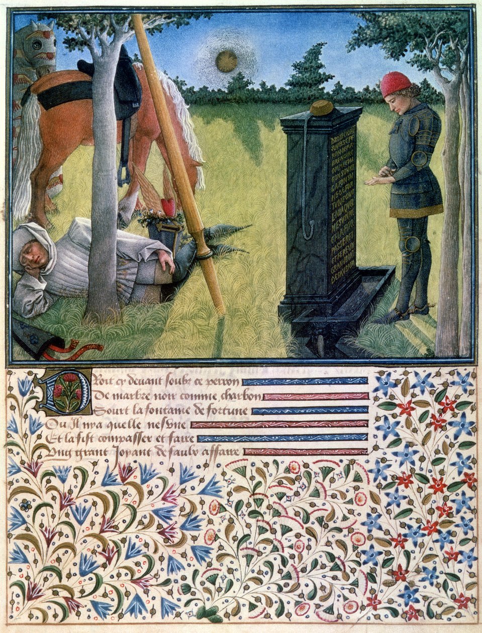 En ung riddare står framför en gravsten medan hans tjänare sover nära deras hästar, från Livre du Coeur dAmours Espris av Rene dAnjou, 1465 av French School
