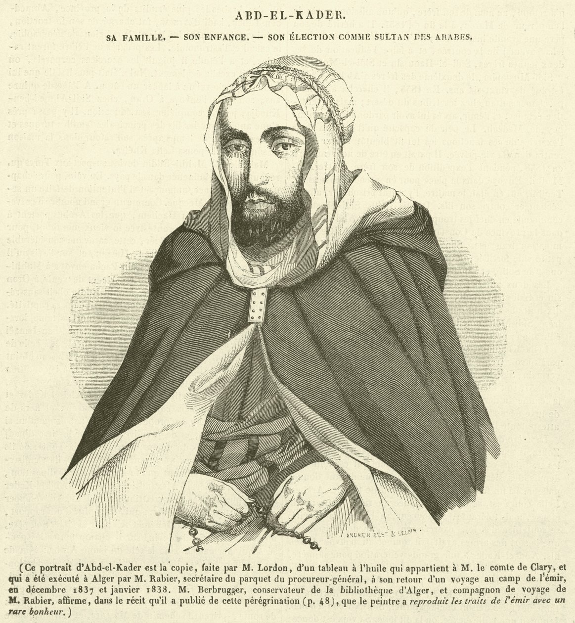 Abd-el-Kader, hans familj, hans barndom, hans val till arabernas sultan (gravyr) av French School