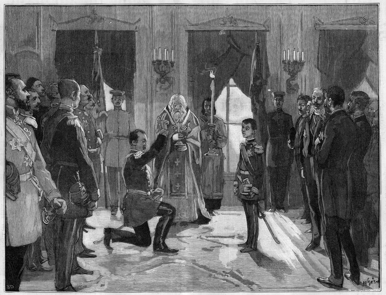 Abdikering av kung Milano 1:a av Serbien (1854-1901), 7 mars 1889: den tidigare kungen avlägger en ed om lydnad och trohet mot sin son, Alexander 1:a av Serbien (1876-1903), för vilken han just abdikerat. Gravyr i "" Le Monde Illustré"" nr 1666 den 2 mars av French School