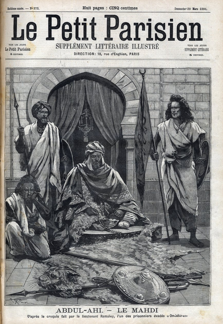 Abdul-Ahi-palatset (Abdulahi) i Ombduram vid Nilens strand i Mahdi. Gravyr i "Le petit Parisien"” av French School