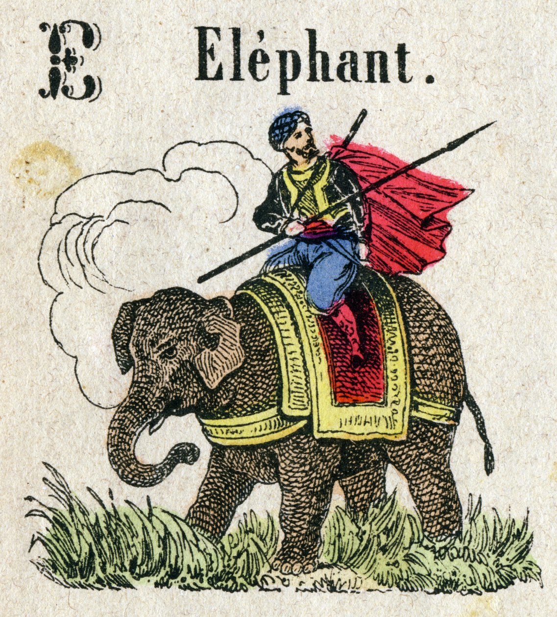 Abecedary. Bokstaven E som Elephant. Litet encyklopediskt alfabet, populär serie. Epinal avbildning, sent 1800-tal av French School