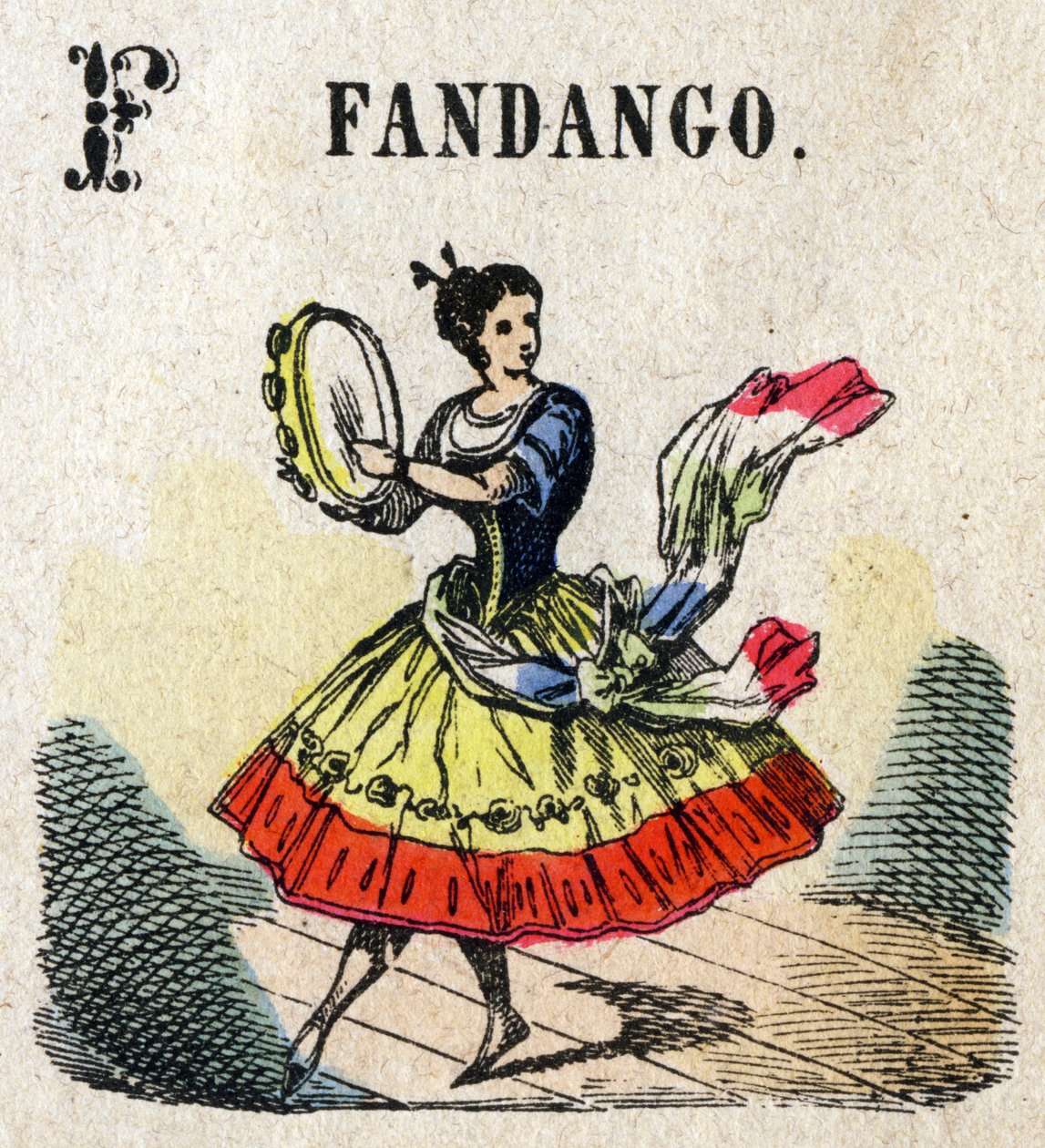Abecedary. Bokstaven F som Fandango. Litet encyklopediskt alfabet, populär serie. Epinal avbildning, sent 1800-tal av French School