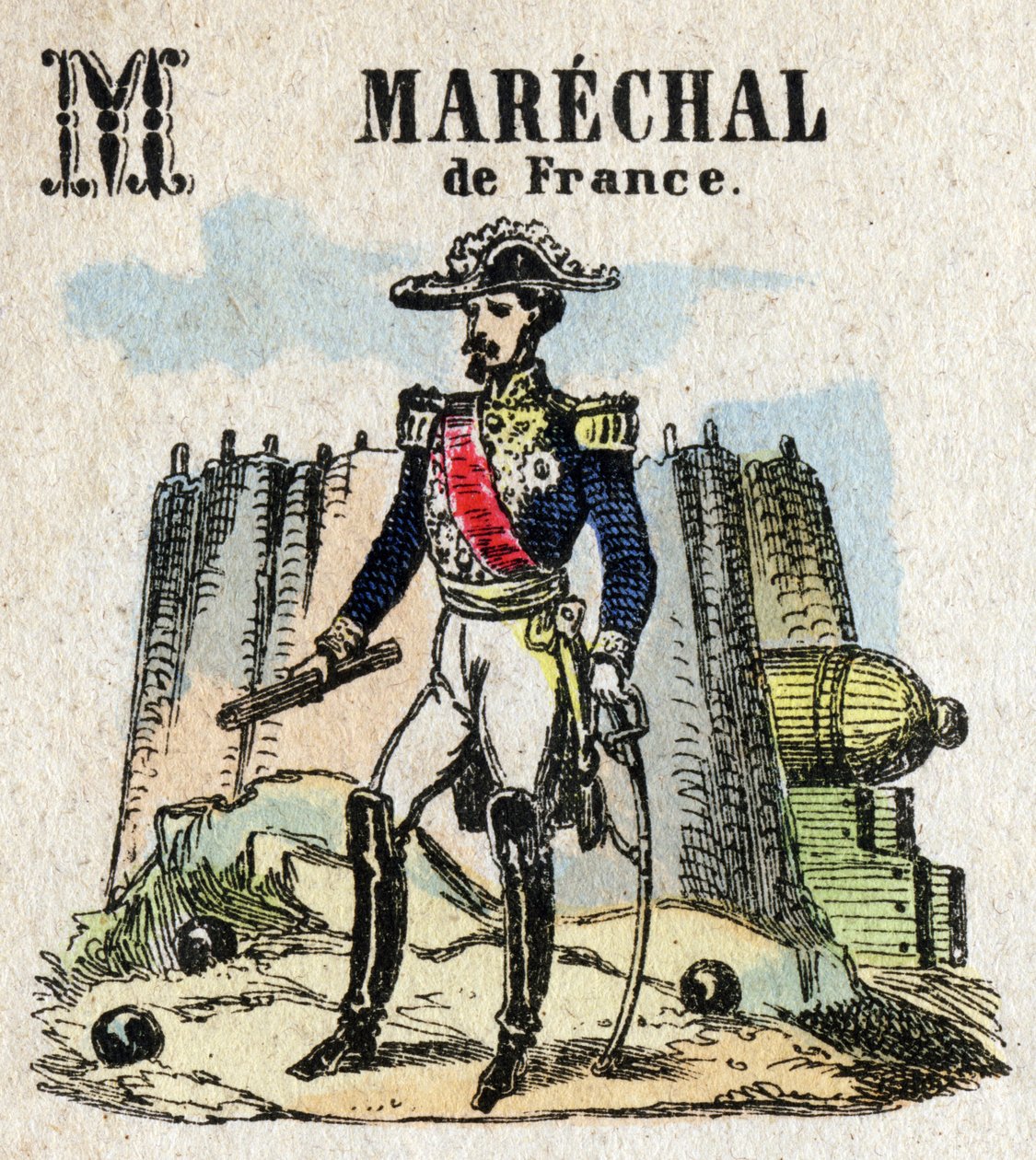 Abecedary. Bokstaven M som Marechal av Frankrike. Litet encyklopediskt alfabet, populär serie. Epinal avbildning, sent 1800-tal av French School