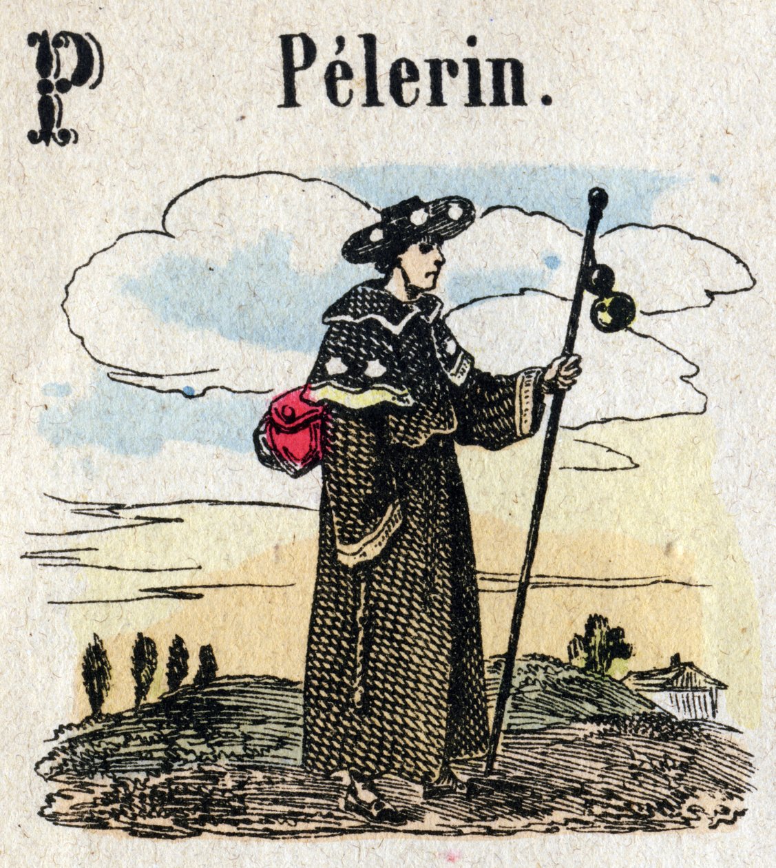 Abecedary. Bokstaven P som Pelerin. Litet encyklopediskt alfabet, populär serie. Epinal avbildning, sent 1800-tal av French School