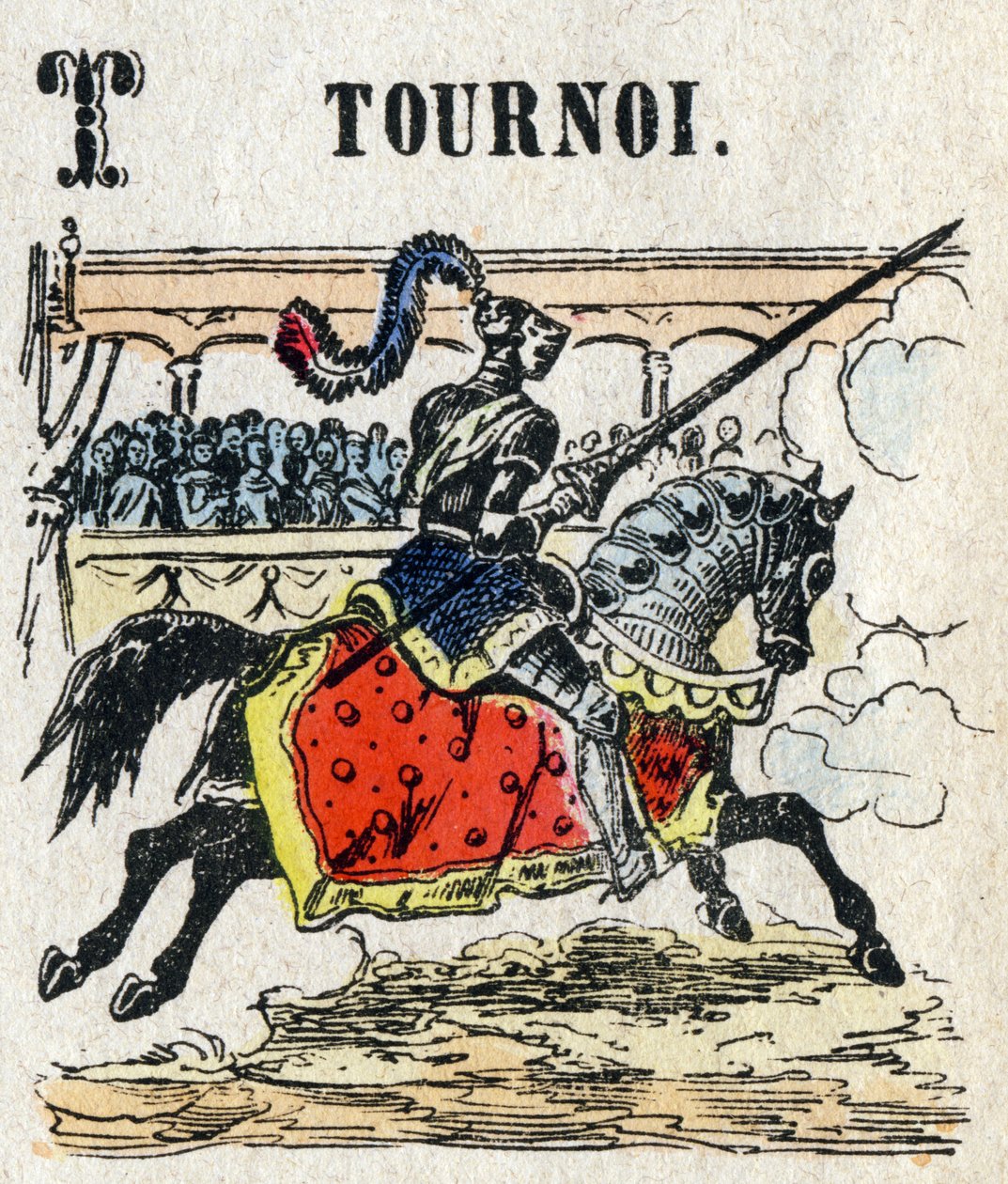 Abecedary. Bokstaven T som turnering. Litet encyklopediskt alfabet, populär serie. Epinal avbildning, sent 1800-tal av French School