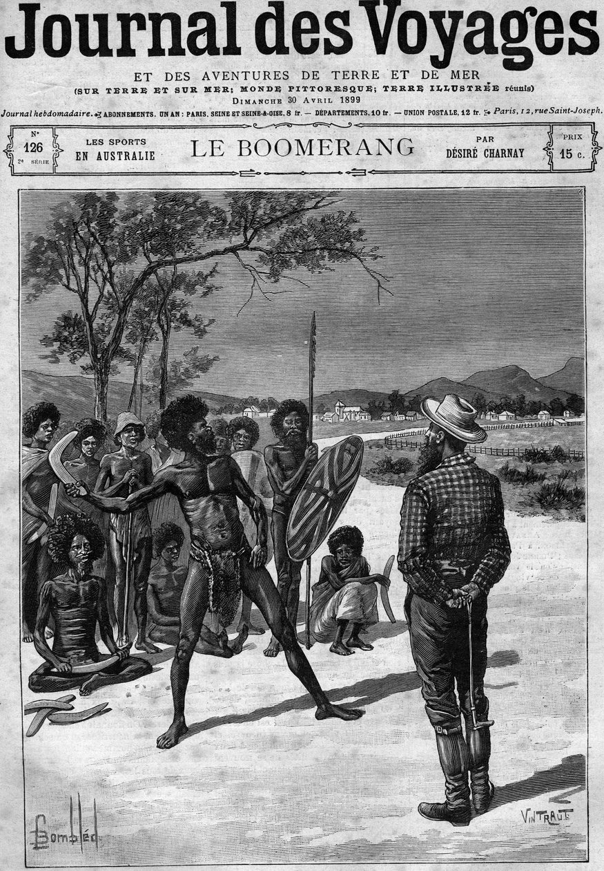 Aboriginer i Australien använder en bumerang, sent 1800-tal. Gravyr i "" Journal des Voyages"" den 30 april av French School