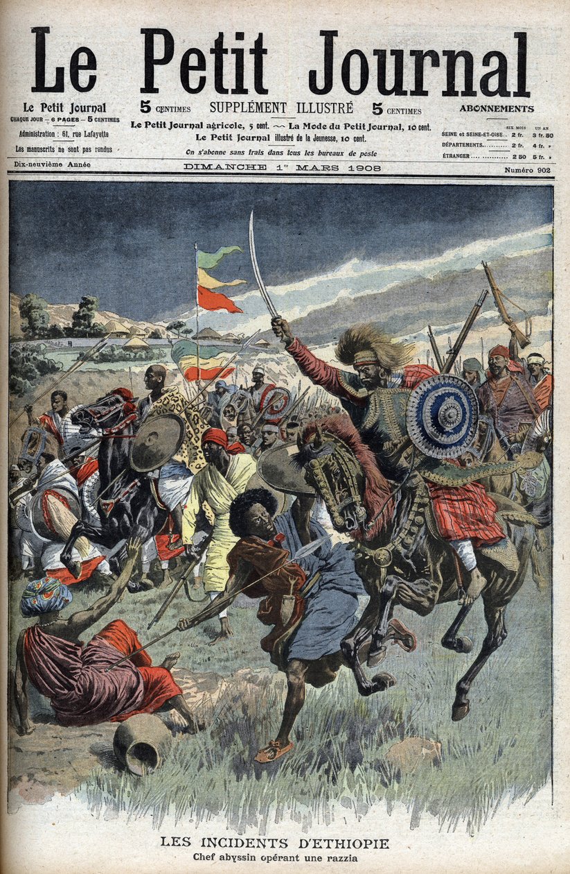 Abessinierhövding på en razzia, Etiopien, mars 1908 (kristna abessinier slåss mot muslimska somalier på gränsen mellan Etiopien och Somalia) från Le Petit Journal (gravyr) av French School