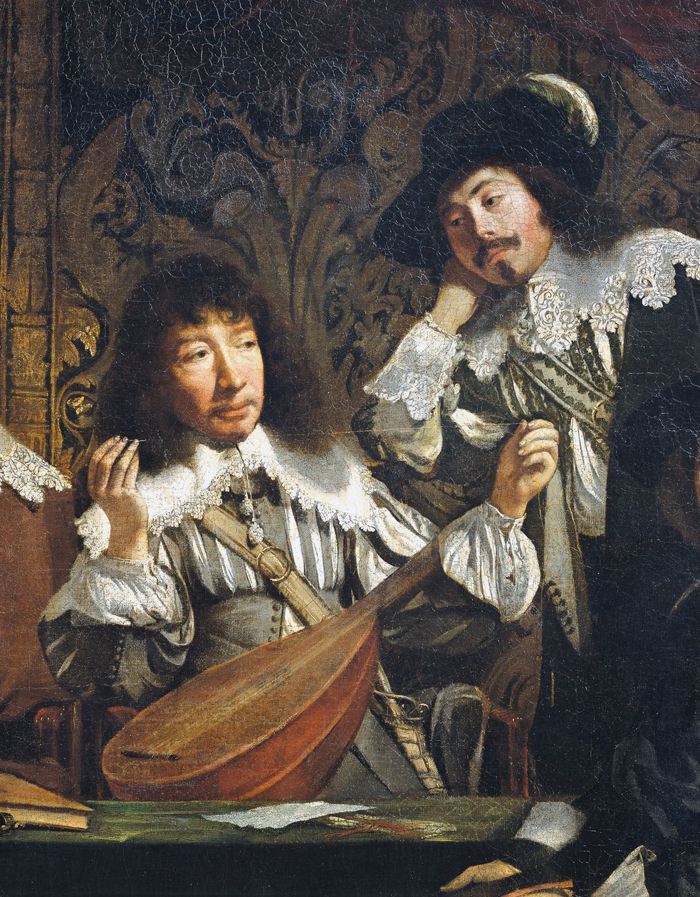 Musikakademin eller amatörernas möte, cirka 1640, av okänd konstnär från fransk skola, detalj av stämning av luta, olja på duk av French School