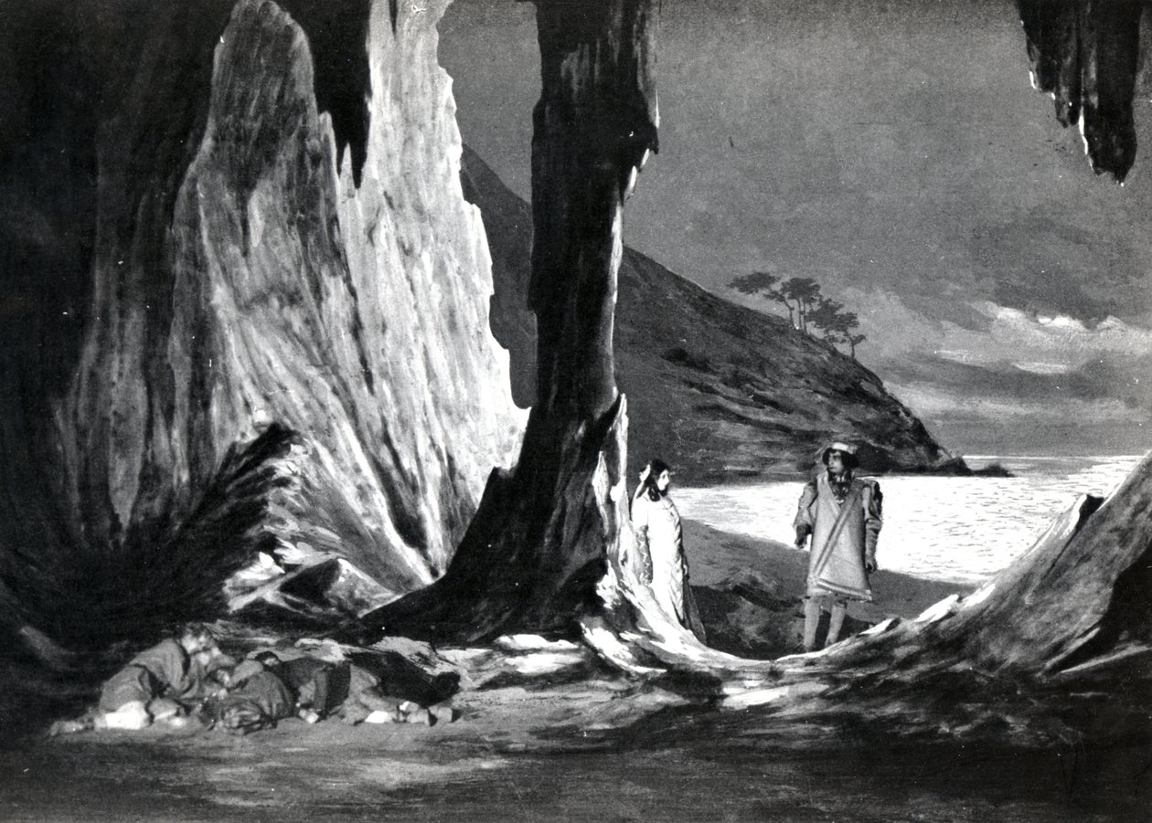Akt II, Scen 3 av Pelleas et Melisande av Debussy, från ett fotografi av den första produktionen i april 1902 av operan på Opera-Comique i Paris, illustration i Theatre magazine, juni 1902 (l av French School