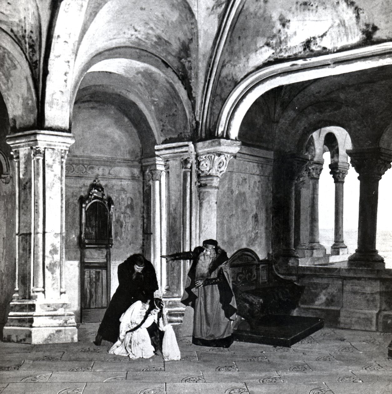 Akt IV, Scen 2 av Pelleas et Melisande av Debussy, från ett fotografi av den första produktionen i april 1902 av operan på Opera-Comique i Paris, illustration i Theatre magazine, juni 1902 (l av French School