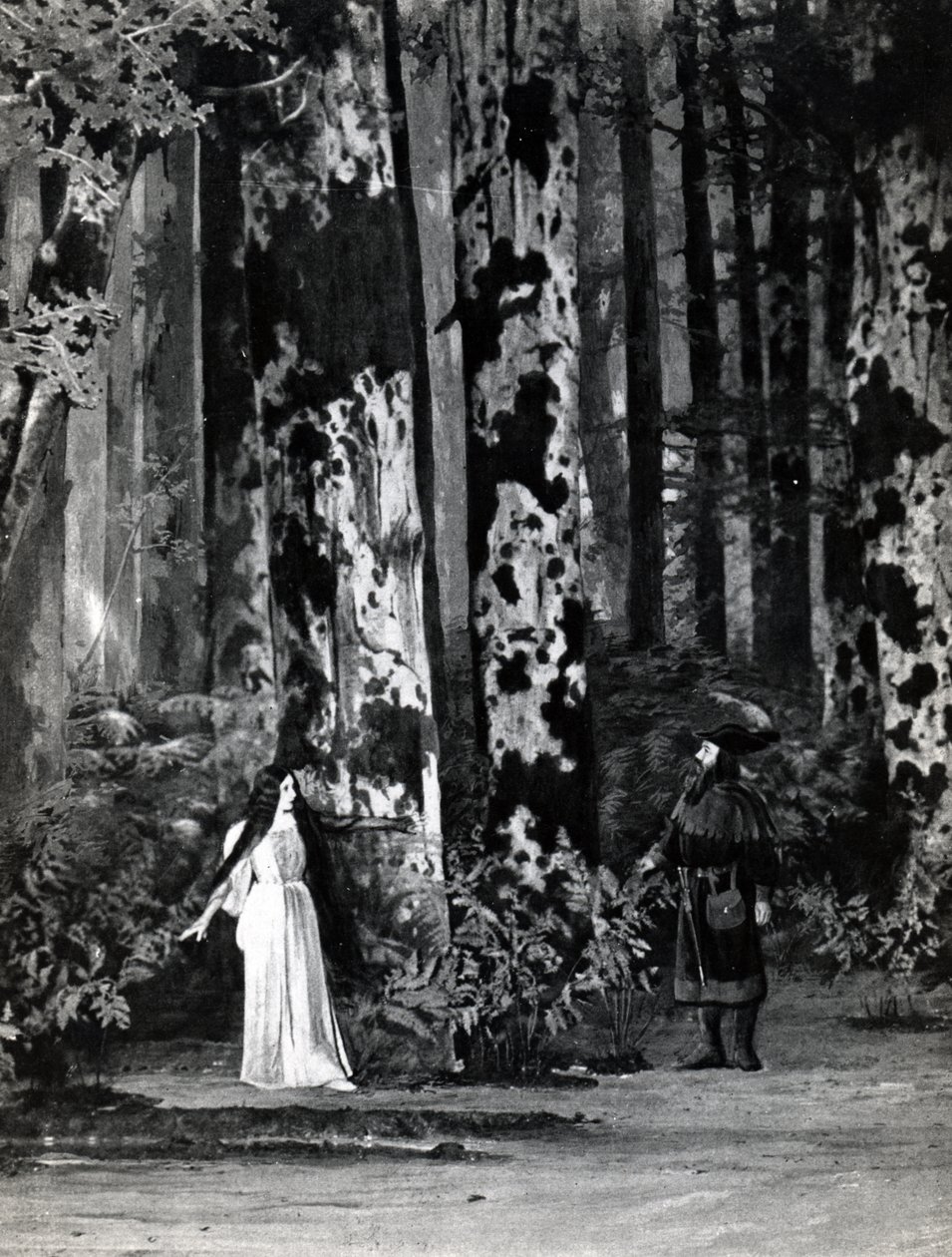 Akt I, Scen 1 av Pelleas et Melisande av Debussy, från ett fotografi av den första produktionen i april 1902 av operan på Opera-Comique i Paris, illustration i Theatre magazine, juni 1902 (li av French School