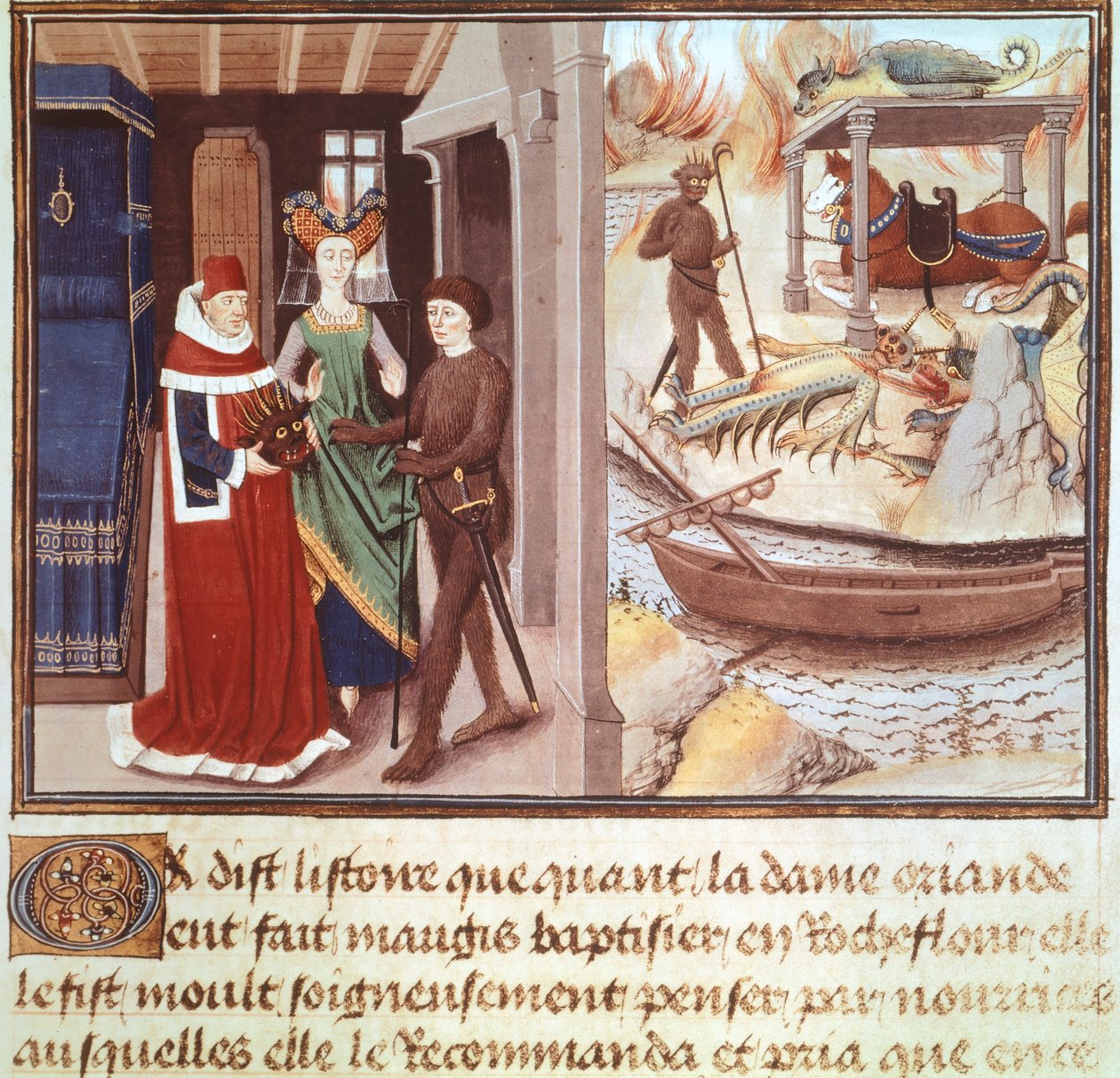 Skådespelare klädd i en djävulsdräkt, miniatyr från Renaud de Montauban-cykeln, Frankrike 1400-talet. av French School