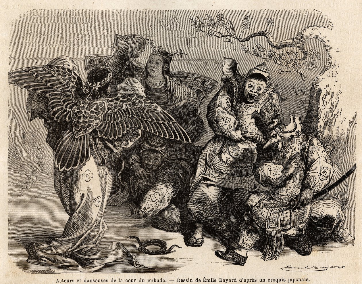 Skådespelare och dansare från Mikados hov i scenkostym. Gravyr för att illustrera resan till Japan 1863-1864, av Aime Humbert, minister i Schweiziska edsförbundet, i "Le tour du monde, nouveau journal des voyages", utgiven under ledning av Ed av French School