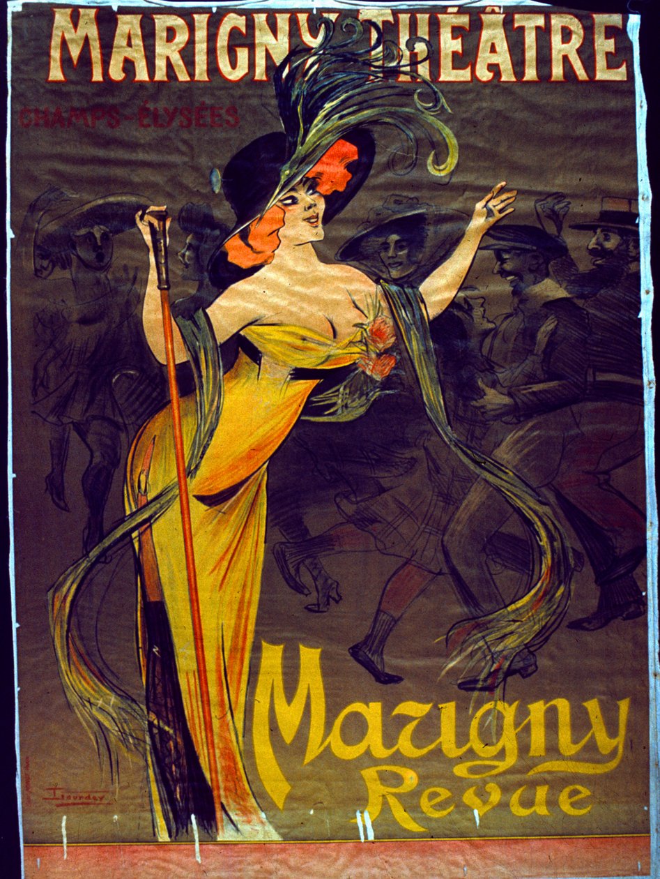 Annons för Mazigny-revyn som visas i Paris på Marigny Theatre (lito i färg) av French School