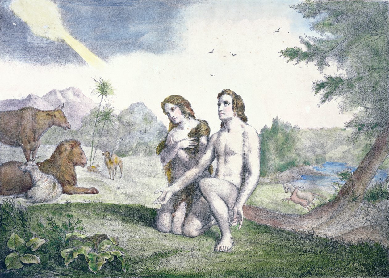 Adam och Eva i Edens lustgård, sent 1800-tal (färgstick) av French School