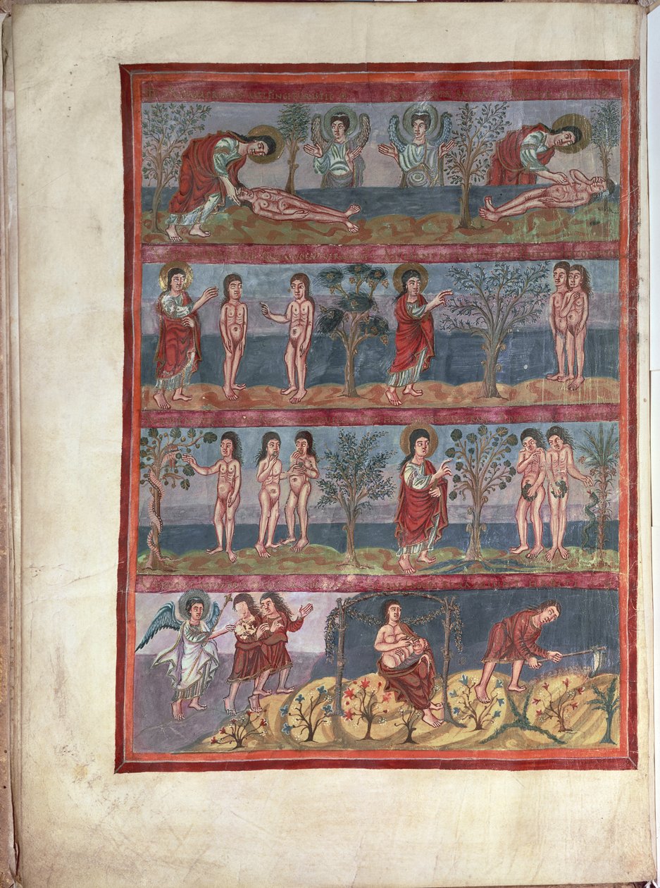 Add.10546 f.5v Adam och Eva, från Moutier-Grandval Bibeln, upplyst i den karolingiska klostret St. Martin, Tours, latin, c.834-843 (vellum) av French School