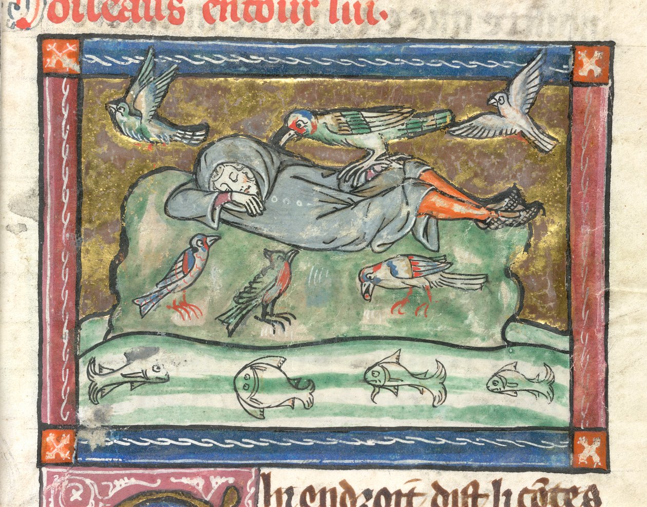 Lägg till. 10292, f.29 En sovande man omgiven av fåglar, illustration från 