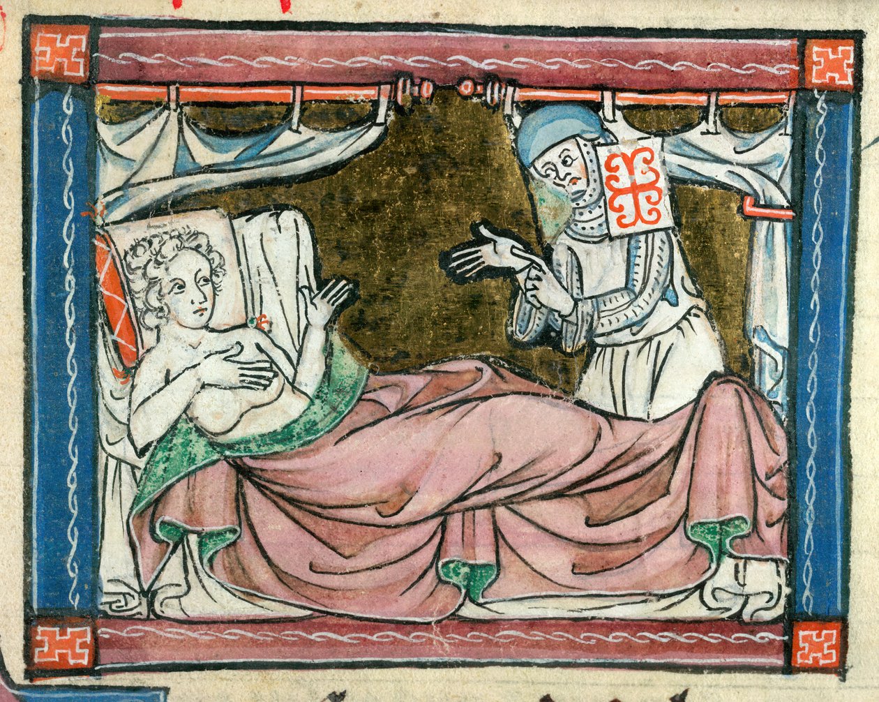 Lägg till. 10293, f.107 En kvinna i sängen med en nunna, illustration från 