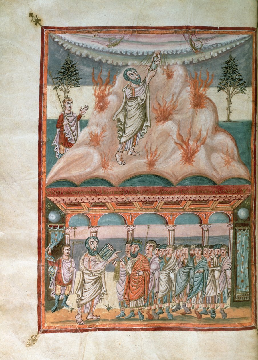 Lägg till 10546 f.25b Moses tar emot och sänder Guds lag på berget Sinai, från Moutier-Grandval Bibeln, upplyst i den karolingiska klostret St. Martin, Tours, ca 834-843 (vellum) av French School