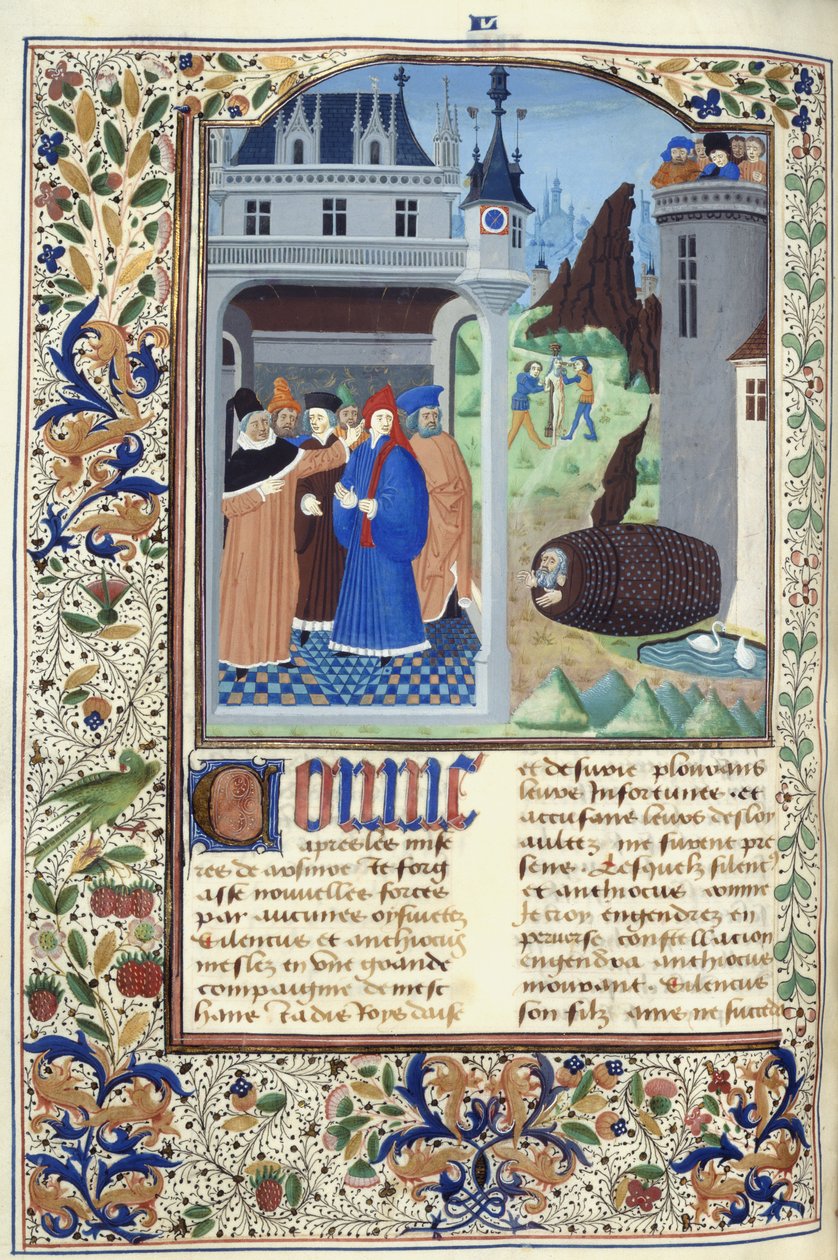 Lägg till. 11696, f.136v Boccaccio observerar tortyr, från 