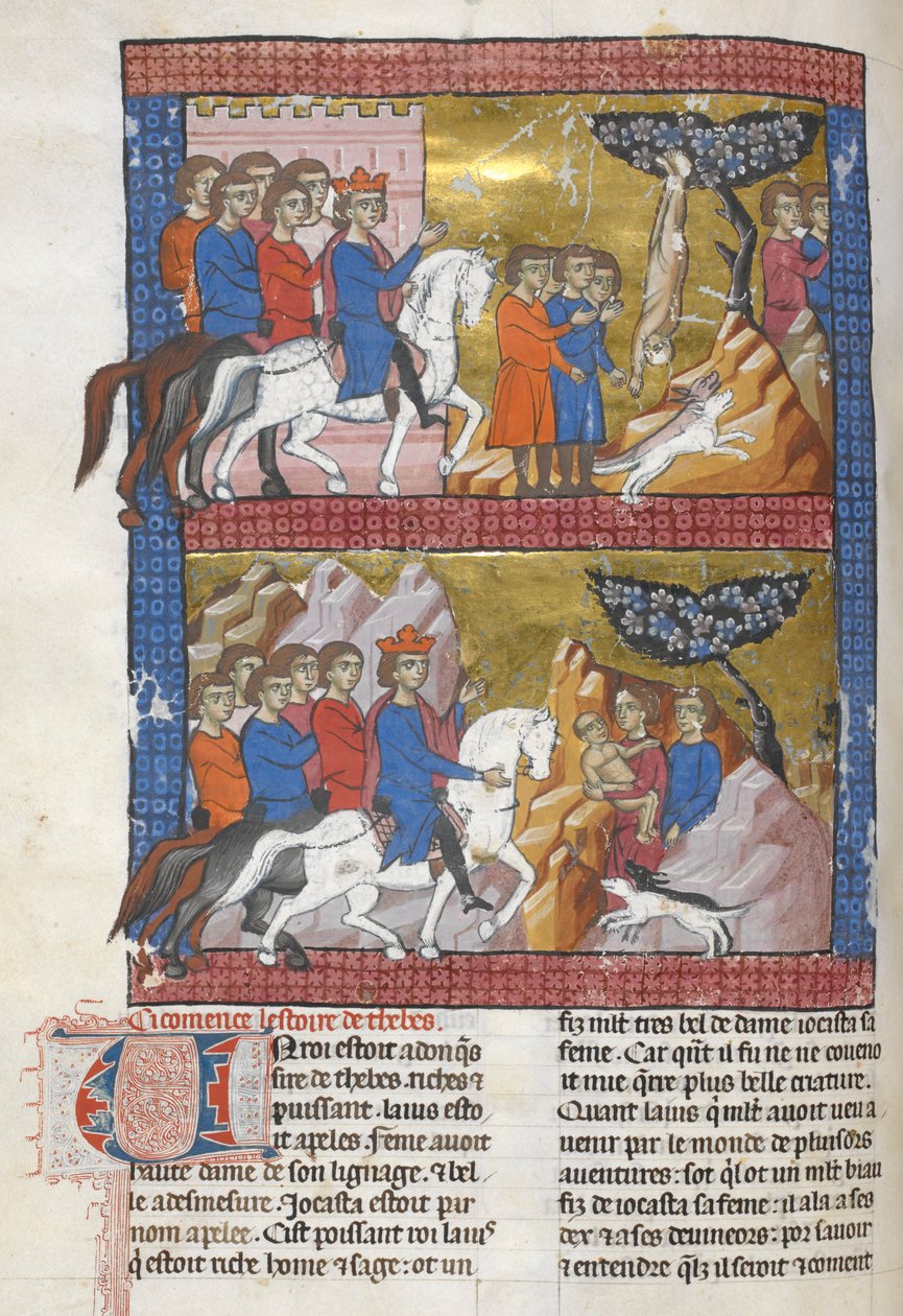 Lägg till. 15268, f.75v Oidipus, funnen av Polybus, kung av Korinth, illustration från 