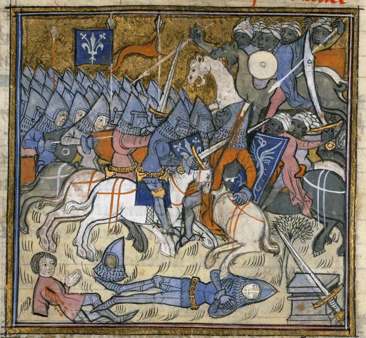 Lägg till. 15269, f.124v Crusaders fighting saracens, illustration från 