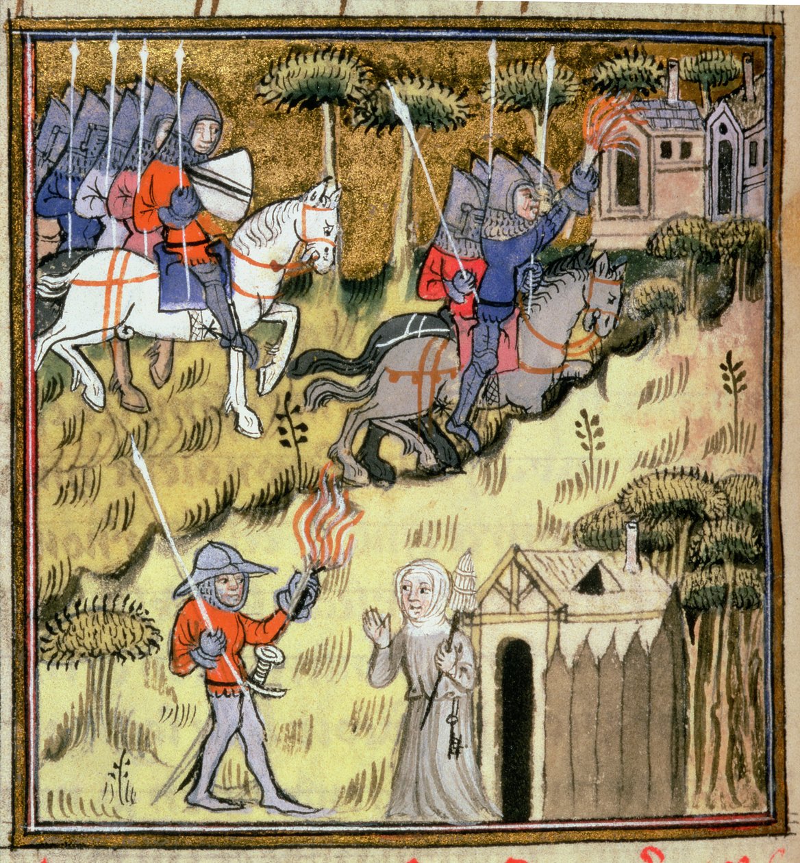 Lägg till 15269 f.178v kavalleriinställningsljus till byggnader med flammande facklor; en nunna som skyddar sitt kloster från en soldat, ca 1380 av French School