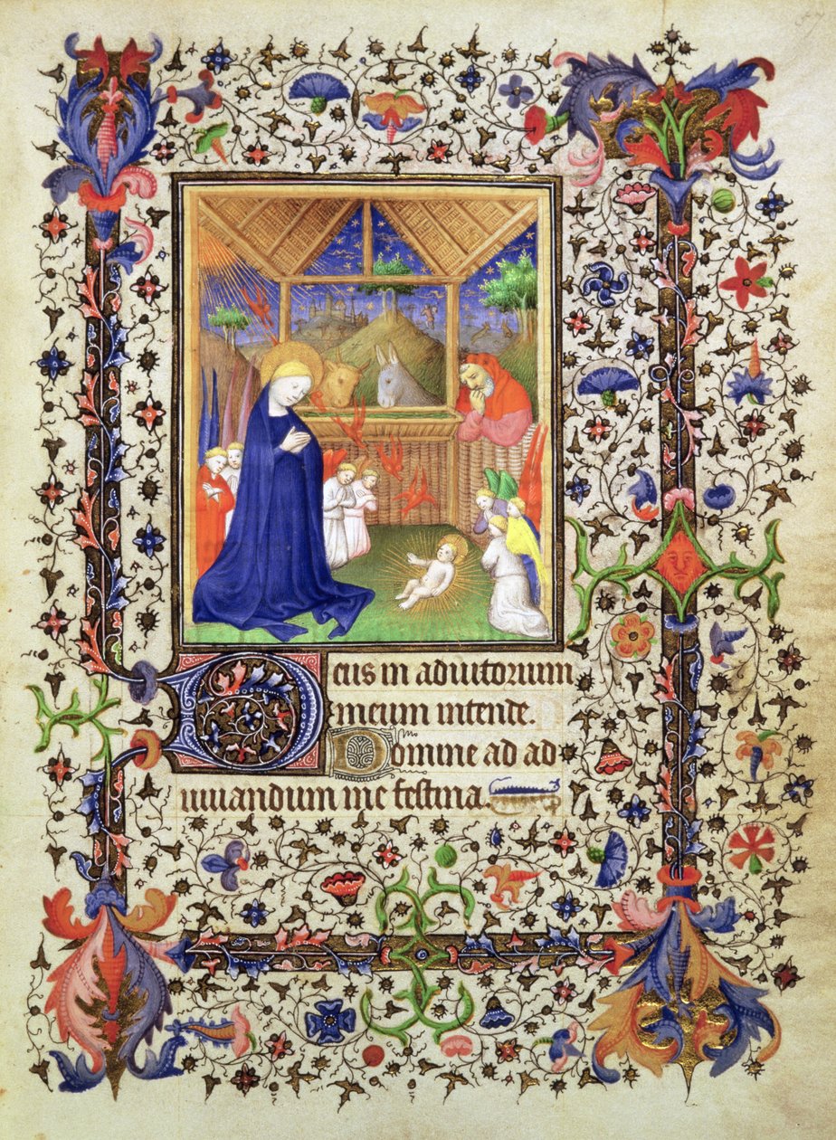Lägg till 16997 f.57 Nativity, från Chevalier Hourse, c.1420 (vellum) av French School